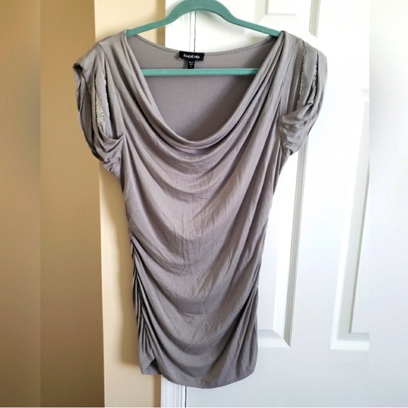 Tops - Bebe gray boatneck drop long too with silver sequins In shoulders  - M